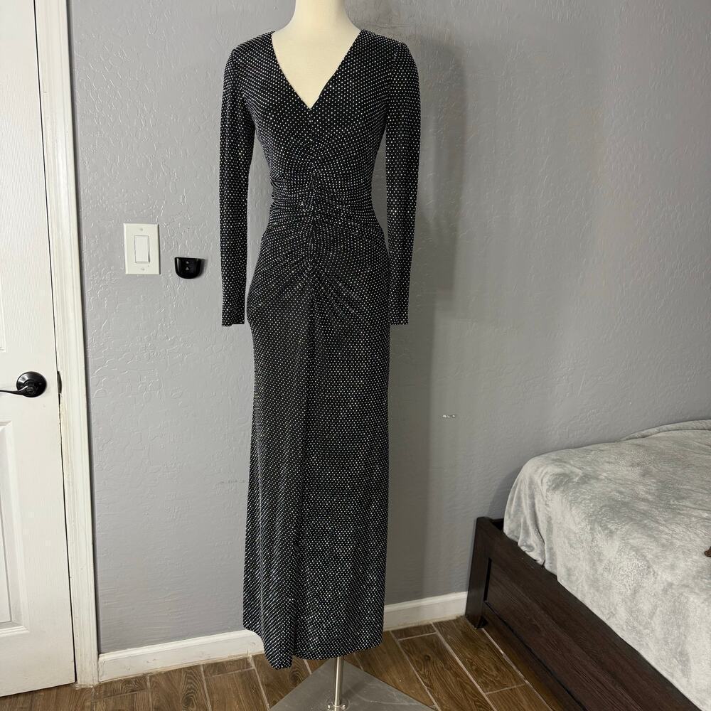 Xscape Evenings "Devin" Rhinestone Jersey Knit V-Neck Dress 6546X, Black, 4